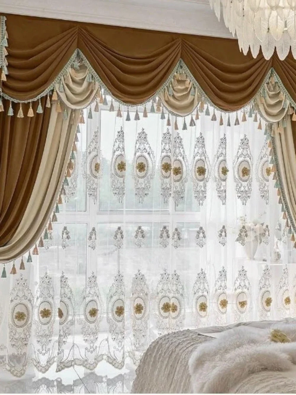 Luxurious Emerald Green Velvet Curtains with Gold Tassel Valance